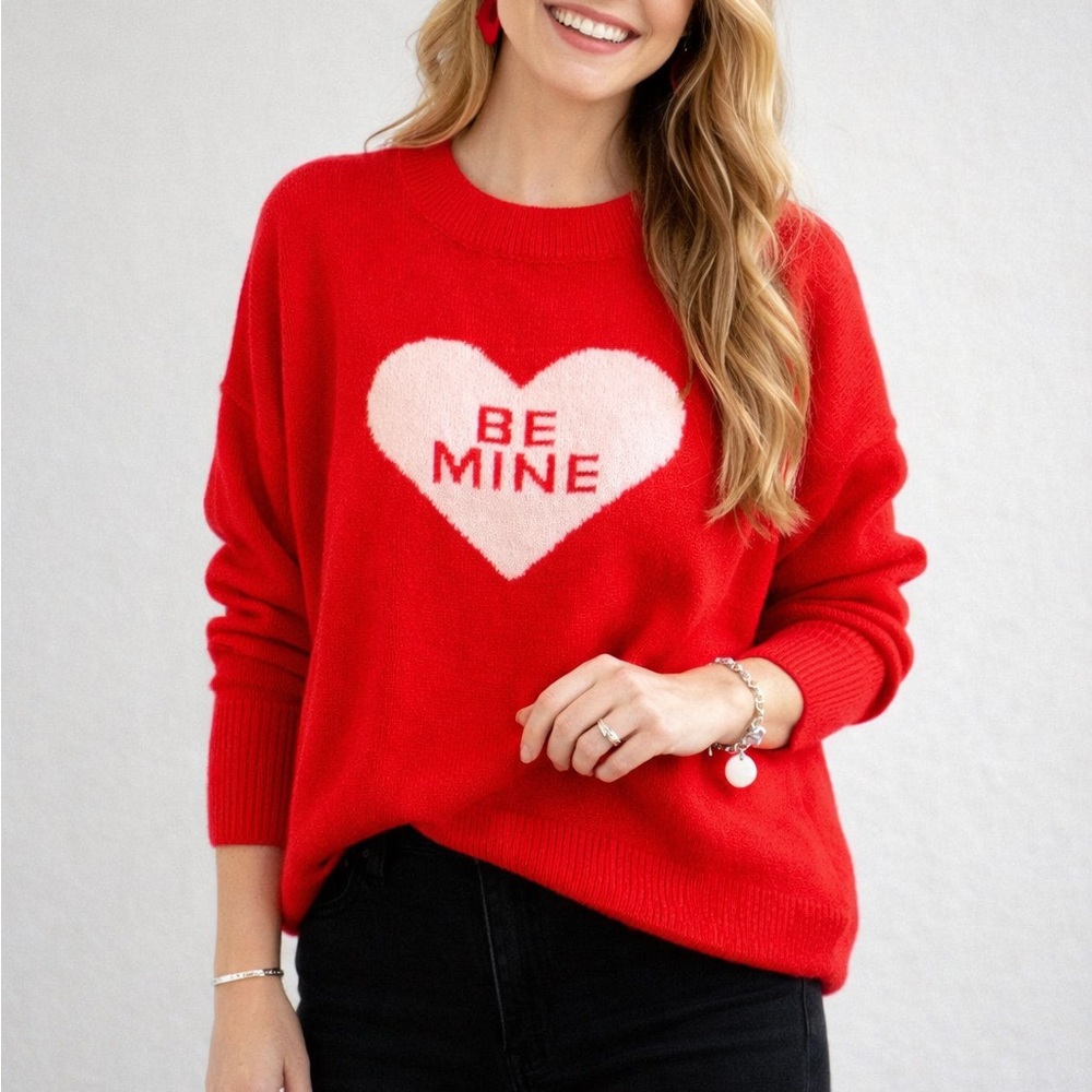 🆕♥️ CeCe Red Heart Graphic Knit Sweater Oversized Valentine Cozy Pullover Size L
